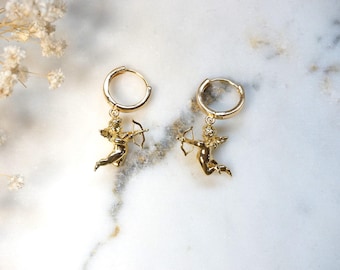 CUPID 18k Gold Plated Cherub Angel Chunky Huggies/ Hoop Earrings