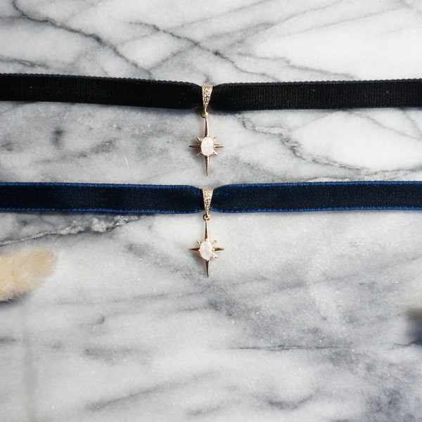 North Star Moonstone and Black / Deep Blue Stretch Velvet Choker/ Black