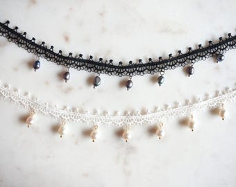 KATE Lace Choker Necklace with Teardrop Freshwater Pearls – White or Black