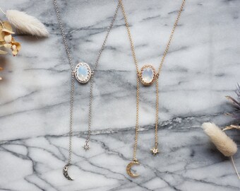 ISHTAR Moonstone, Moon and Star Necklace in Gold / Silver