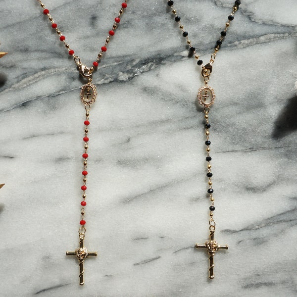 Black/Red/White and Gold Rosary Necklace / Cross Necklace /Lariat Necklace