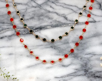 Deep Green Ruby Red Crystal Gold Chain Choker, Layering Jewelry