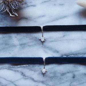 North Star Moonstone and Black / Deep Blue Stretch Velvet Choker/ Black Black Silver