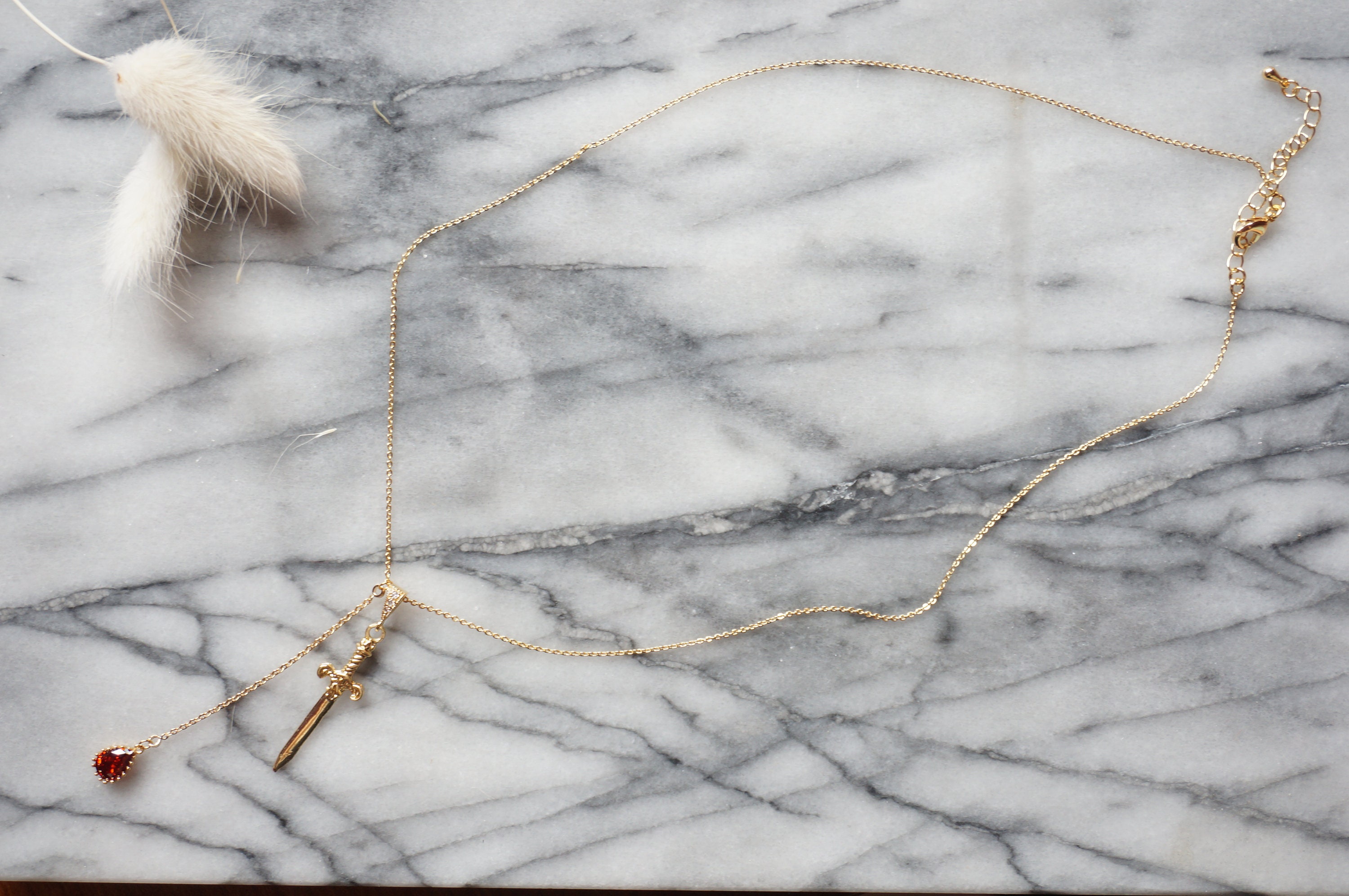 Sword and Blood Drop Necklace / Gold or Silver, Black Deep Red Teardrop Necklace