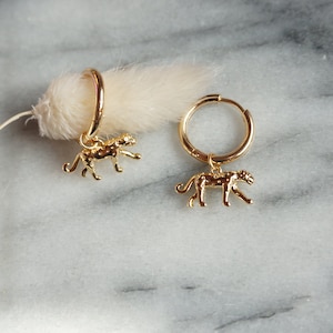 CHEETAH Gold Hoop / Huggie Earrings with Cheetah / Leopard Charm