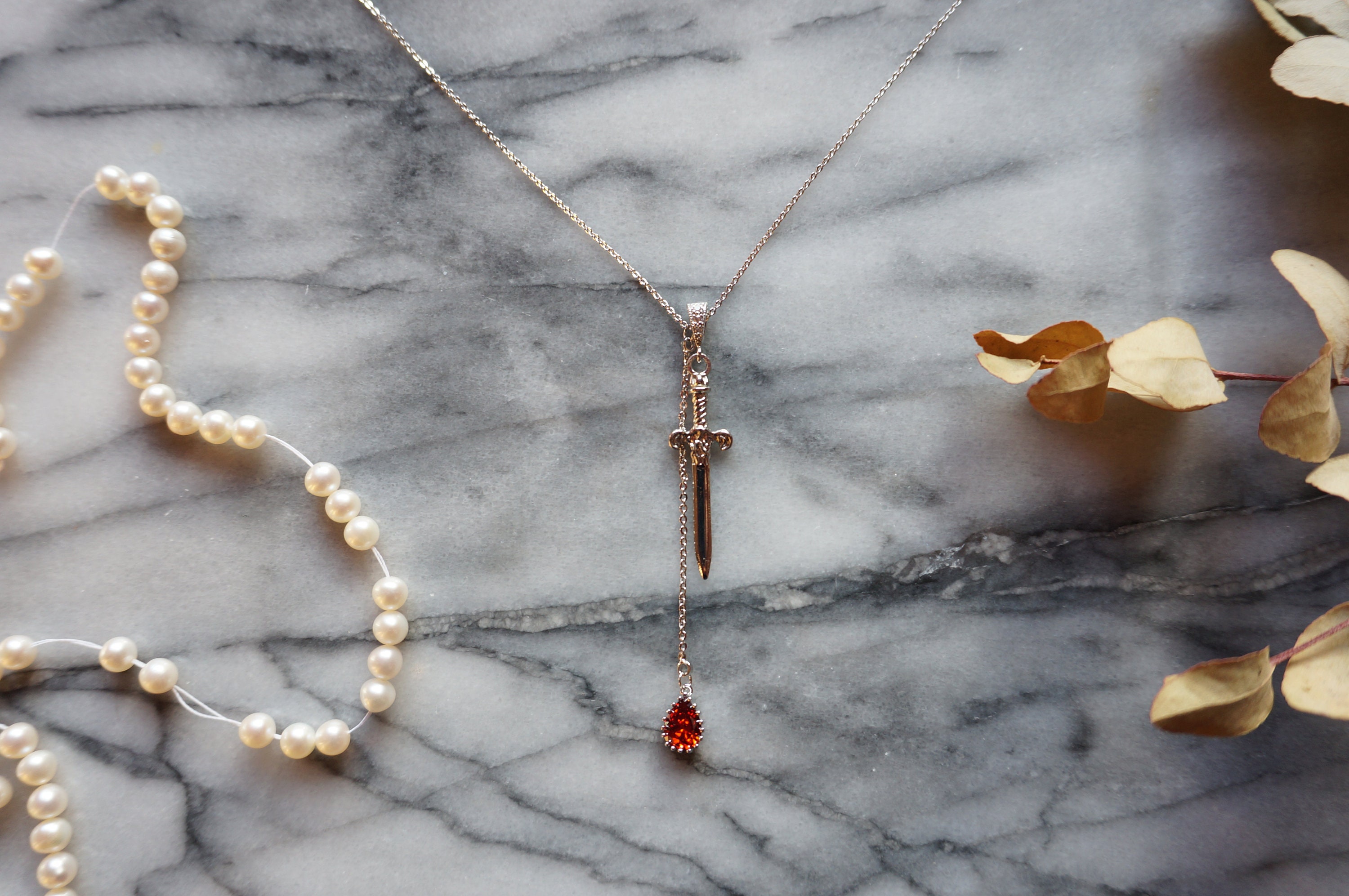Sword and Blood Drop Necklace / Gold or Silver, Black Deep Red Teardrop Necklace
