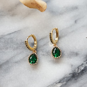 EVA Green Teardrop Gold Huggie Earrings with Black Cubic