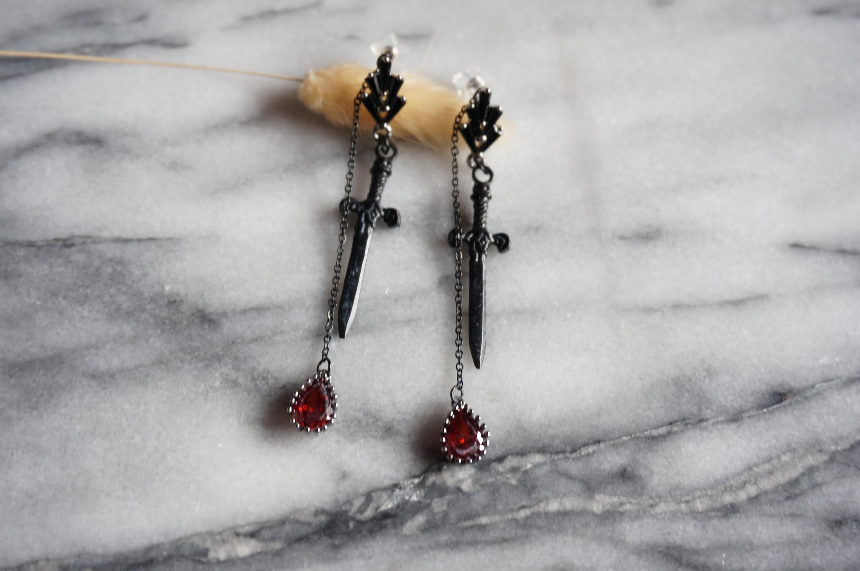 Sword and Blood Drop Dangle 2 Way Earrings / Gold,Silver, Black Deep Red Teardrop Earrings