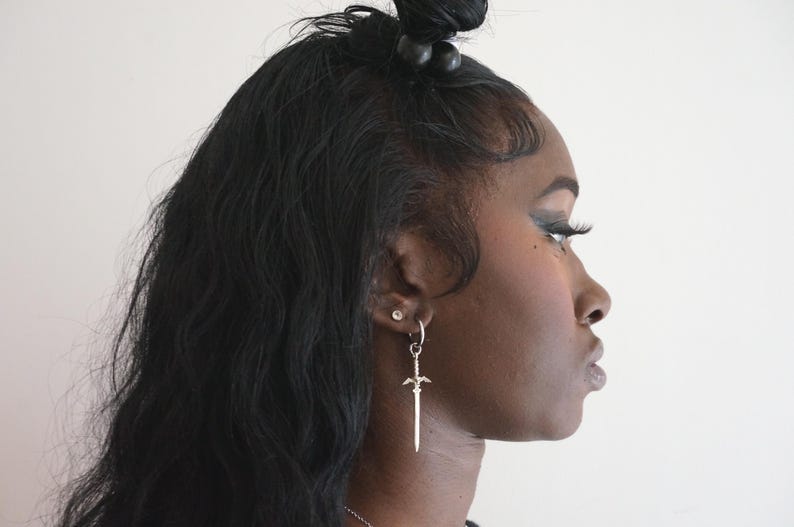 LEGEND Gold / Silver / Gunmetal Sword Huggie Hoop Earring SINGLE / Zelda Master Sword Earring image 7