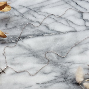Pu&ograve; includere: Una collana color argento con un ciondolo a forma di spada. Il ciondolo ha un'elsa e una lama dettagliate. La catena &egrave; delicata e regolabile. La collana &egrave; esposta su una superficie di marmo con foglie secche.
