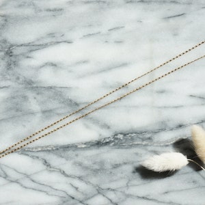 May include: A delicate gold chain necklace with a small, pearlescent pendant. The necklace is displayed on a marble surface with dried flowers.