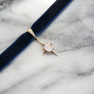 North Star Moonstone and Black / Deep Blue Stretch Velvet Choker/ Black Deep Blue Gold