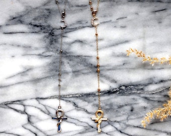 Snake Ankh and Moon Gold/Silver Rosary Style Necklace / Cross Necklace