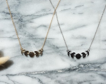 Gold Plated Moon Phase Necklace, Hammered Celestial Pendant