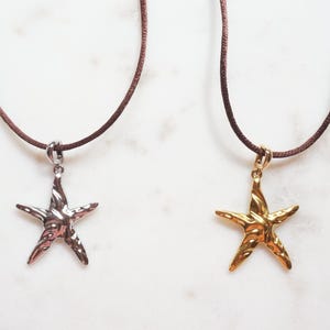 Op de afbeelding: Twee kettingen met zeesterhangers. Eén is zilverkleurig, de andere goudkleurig. Beide hangers hangen aan bruine koorden. De zeesterhangers hebben een textuur op een witte achtergrond.