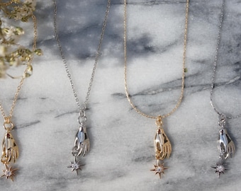 Dainty Gold/Silver Tarot Hand and Star Necklace
