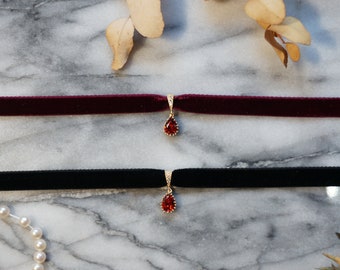 Deep Red Teardrop and Burgundy/Black Stretch Velvet Choker