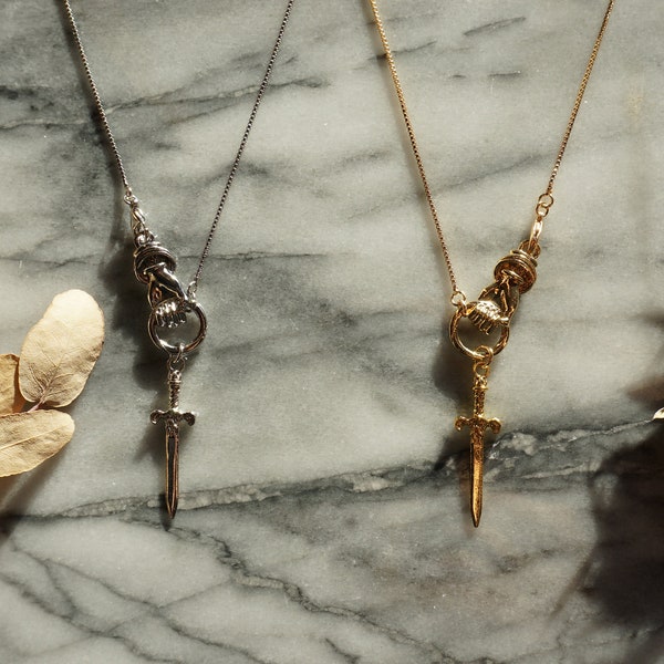 THE HAND Gold or Silver hand and sword necklace / Gold or Silver sword statement necklace