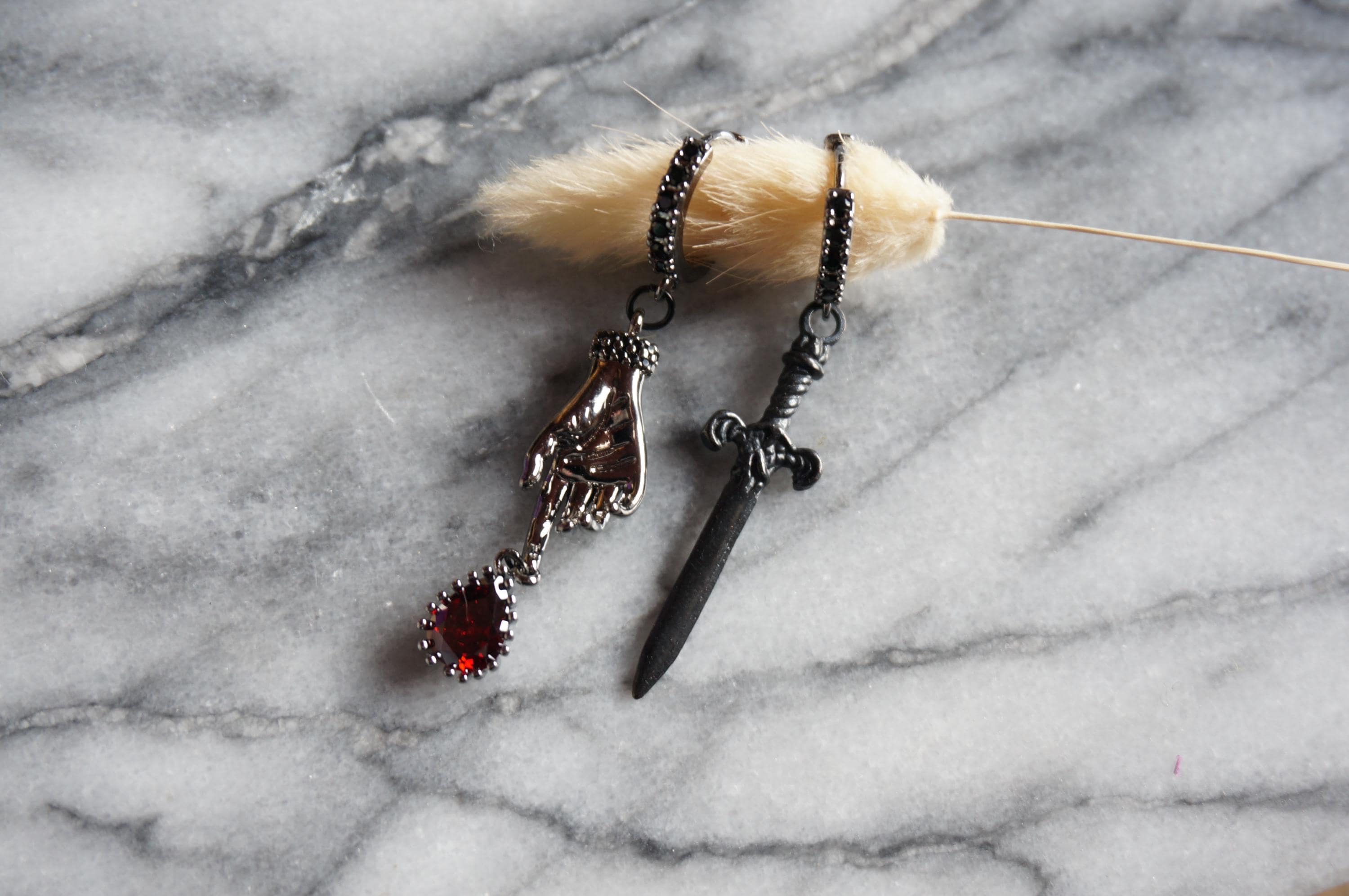 LADY MACBETH Gold / Silver / Black Sword, Hand and Blooddrop Earrings / Hoops