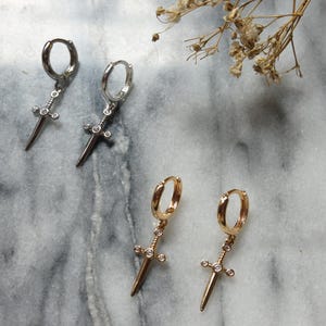 Dainty Dagger Huggies Gold/Silver / Tiny Sword Hoop Earrings