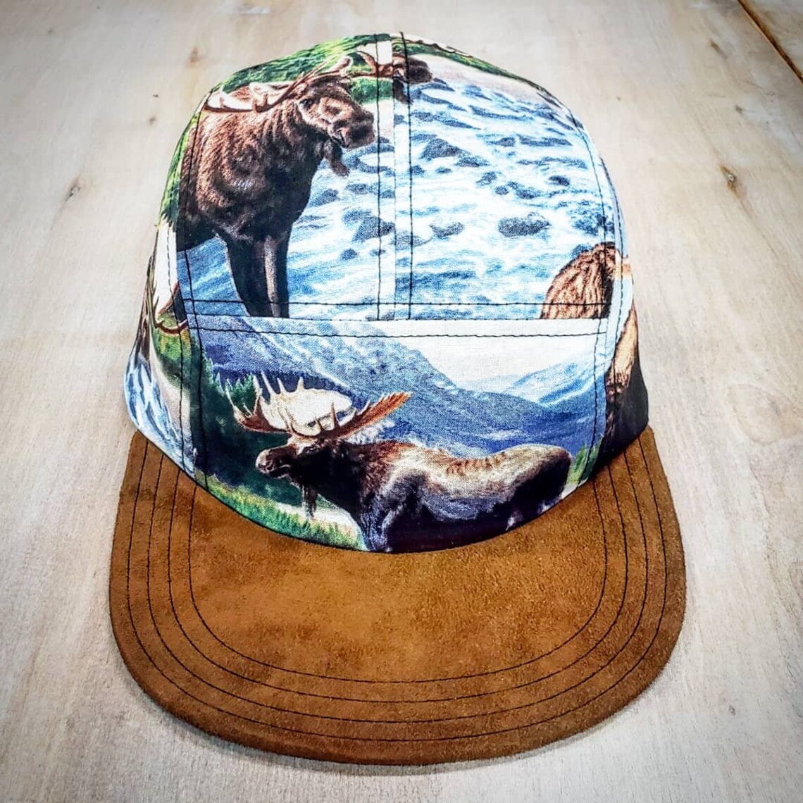 Vintage Moose Print Handmade Five Panel Hat With Suede Brim Etsy