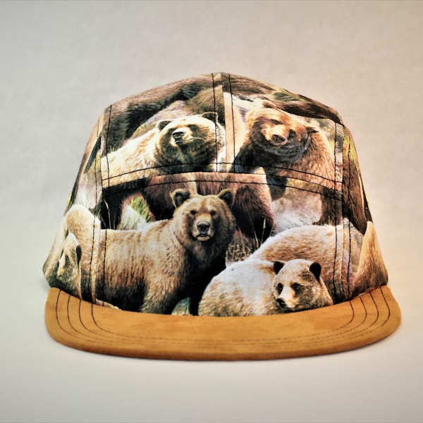 Vintage Grizzly Bear Print Handmade Five Panel Hat with Suede Brim (NEW) UK dispatch (Clearance Sale) 5 panel cap