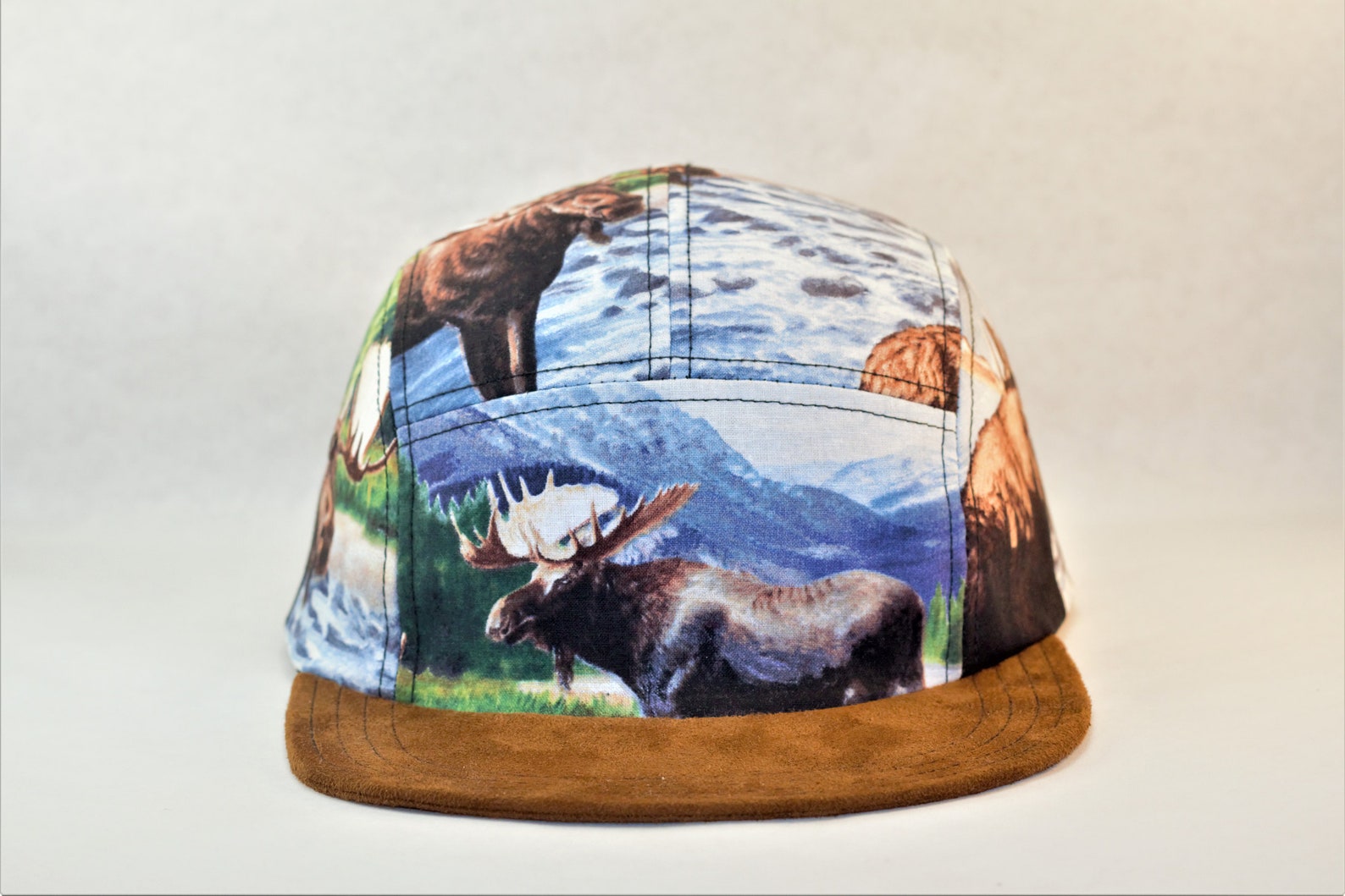 Vintage Moose Print Handmade Five Panel Hat With Suede Brim Etsy