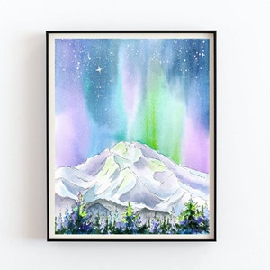 Arte de Alaska Aurora boreal pintura Denali Mountain archivo digital de arte de acuarela original 8x10 pulgadas Northern lights wall art