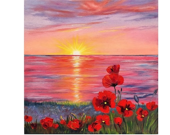 ポピーの絵画オリジナル、ポピー畑の垂直風景、オレンジ色のポピーの