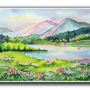 Alaska painting Mountain lake original watercolor art Mountain huts wall art