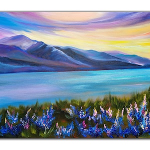 Alaska painting Blue mountains and river original oil painting Mountain sunset wall art 12x16 inches