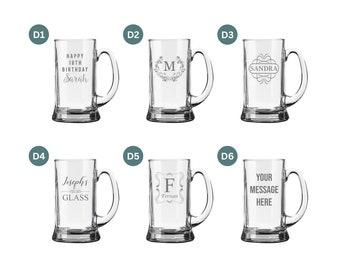 Personalised Beer Tankard Glass Engraved, Choose Your Design, Perfect For Anniversary, Wedding Favours, Birthdays, For Him Or Her