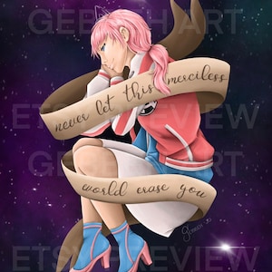 May include: A digital illustration of a young person with pink hair sitting in a space-like background. The person is wearing a red and blue jacket, white shorts, and blue socks with pink heels. A scroll with the text "never let this merciless world erase you" is wrapped around the person.