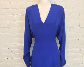 Holly’s Harp Ruffle Dolman Sleeve midi 80s Dress Blue M
