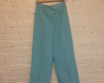 Sears VTG 70s cropped wide leg cotton gingham pants blue size xs