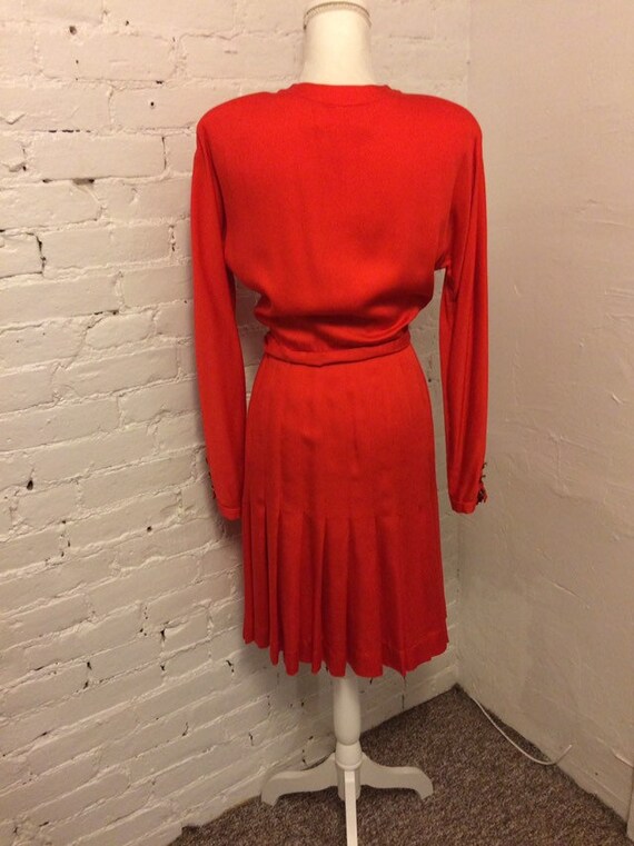 Adolfo Vintage 70s Tie Waist Dress Red Wool Gold … - image 7