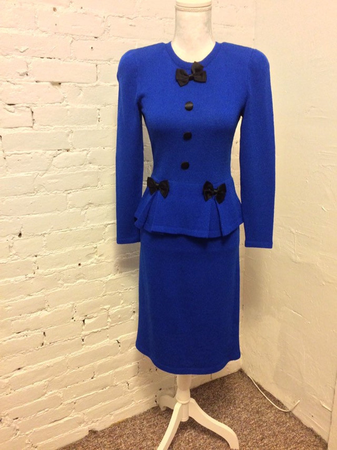 Adolfo Vintage 70s Knit Dress Peplum Bow Detail Cobalt Blue 4 - Etsy