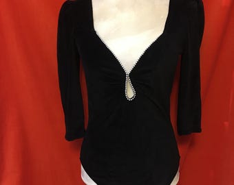 NWT Lily of France vtg 80s velvet bodysuit faux pearl trim black size s m