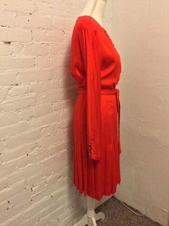 Adolfo Vintage 70s Tie Waist Dress Red Wool Gold … - image 4