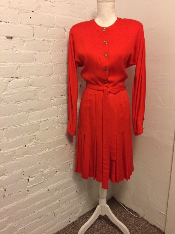 Adolfo Vintage 70s Tie Waist Dress Red Wool Gold … - image 1