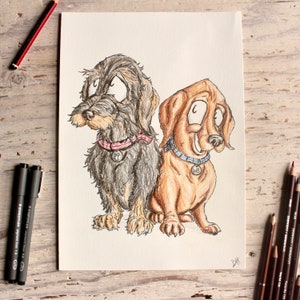 Two Dogs Caricature | A5/A4 Custom Handdrawn from Photograph | Made to Order