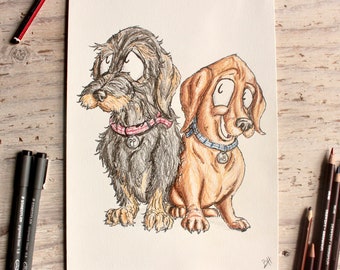 Two Dogs Caricature | A5/A4 Custom Handdrawn from Photograph | Made to Order