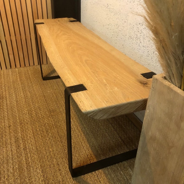 Banc en bois massif orme et fer plat acier noir