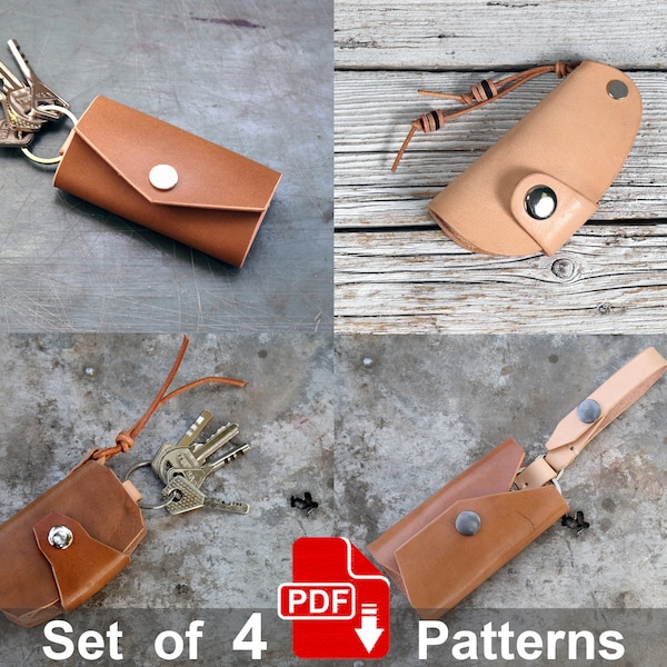 Set of 4 Key Holder Patterns. Leather Key Case PDF Template.