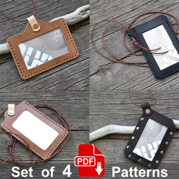 Set of 4 ID Card Holder Patterns. Leather ID Card holder PDF Template.