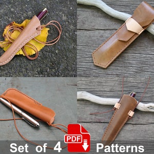 May include: Set of four leather pen sleeve patterns. The patterns are for different styles of pen sleeves, including a simple sleeve with a loop, a sleeve with a flap, and a sleeve with a pointed tip. The patterns are available as a digital download in PDF format.