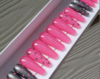 Pink Polka Dot Long Coffin Press On Nails