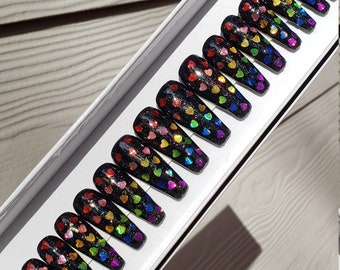 MoreLove - Black Holographic Rainbow Hearts Holo Glitter Valentine Long Coffin/Stiletto/XXXL Square Press On Nails