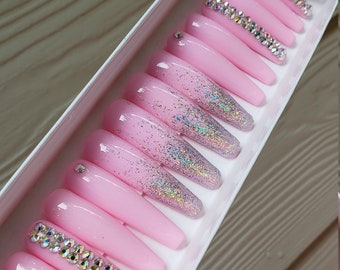 HoloBarbie - XXL Coffin Pink Holographic Glitter Ombre Tips Accent Bling Nails