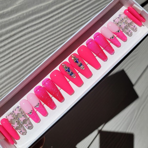 PinkMia - Hot Pink Flash Reflective Bling Silver Glitter Long Coffin Press On Nails